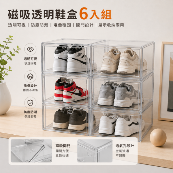 30磁吸透明鞋盒6入組｜正開／側開｜可堆疊防塵收納