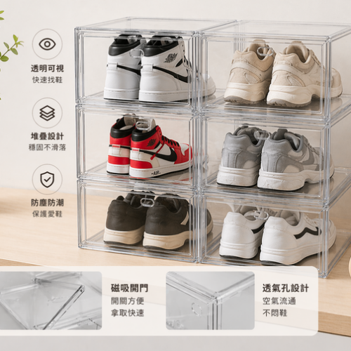 30磁吸透明鞋盒6入組｜正開／側開｜可堆疊防塵收納
